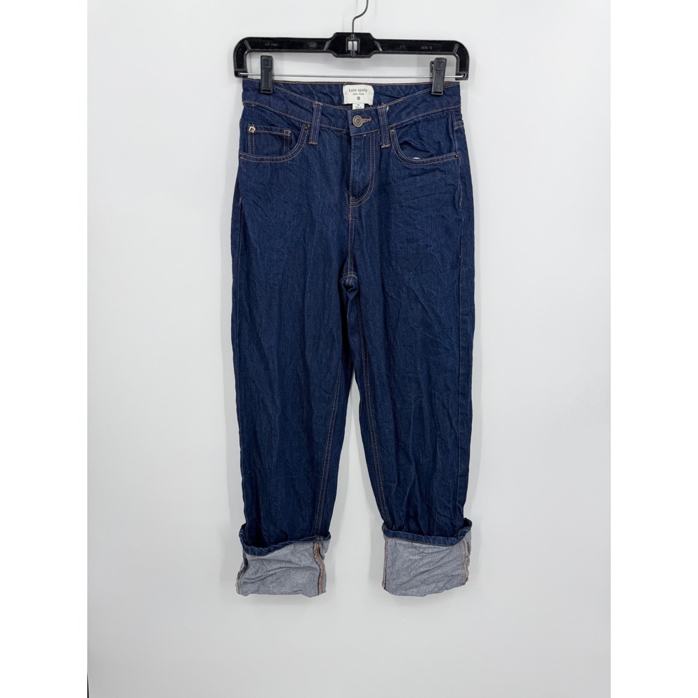 Kate Spade Straight Leg Jeans Women 00 Dark Wash Indigo Cuffed High‎ Rise Cotton